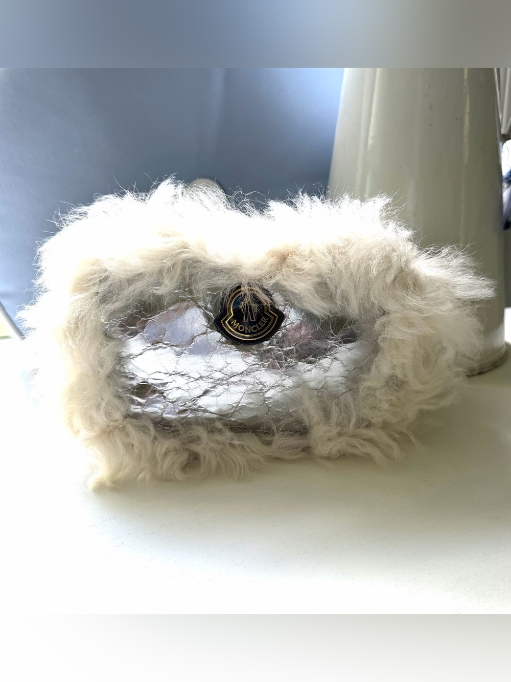 Moncler Silver Metallic Bag Clutch with Cream Faux Fur Trim